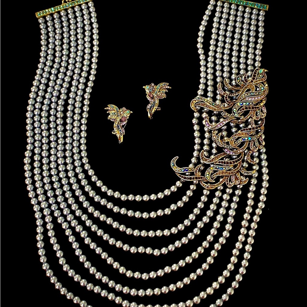 Heidi Daus Pearl and Gold Crystal Necklace Set